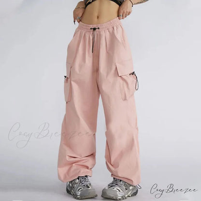 Oversized Solid Cargo Drawstring Pants Pink / S pants-241228