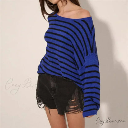 Oversized Striped V-Neck Color Block Knit Sweater Knit Top BLUE / S knittop-250126