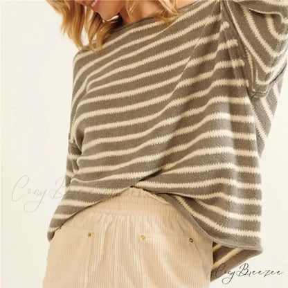 Oversized Striped V-Neck Color Block Knit Sweater Knit Top GREEN / S knittop-250126