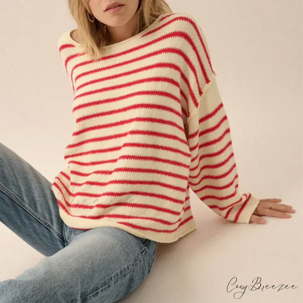 Oversized Striped V-Neck Color Block Knit Sweater Knit Top knittop-250126