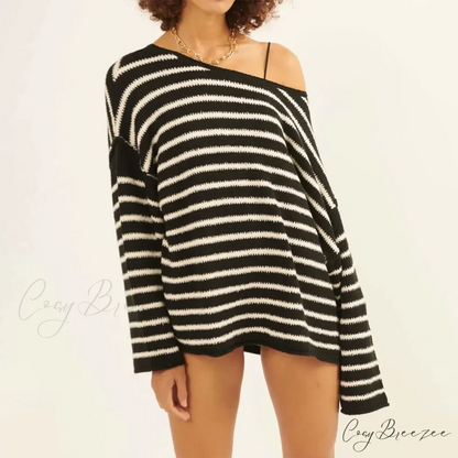 Oversized Striped V-Neck Color Block Knit Sweater Knit Top knittop-250126