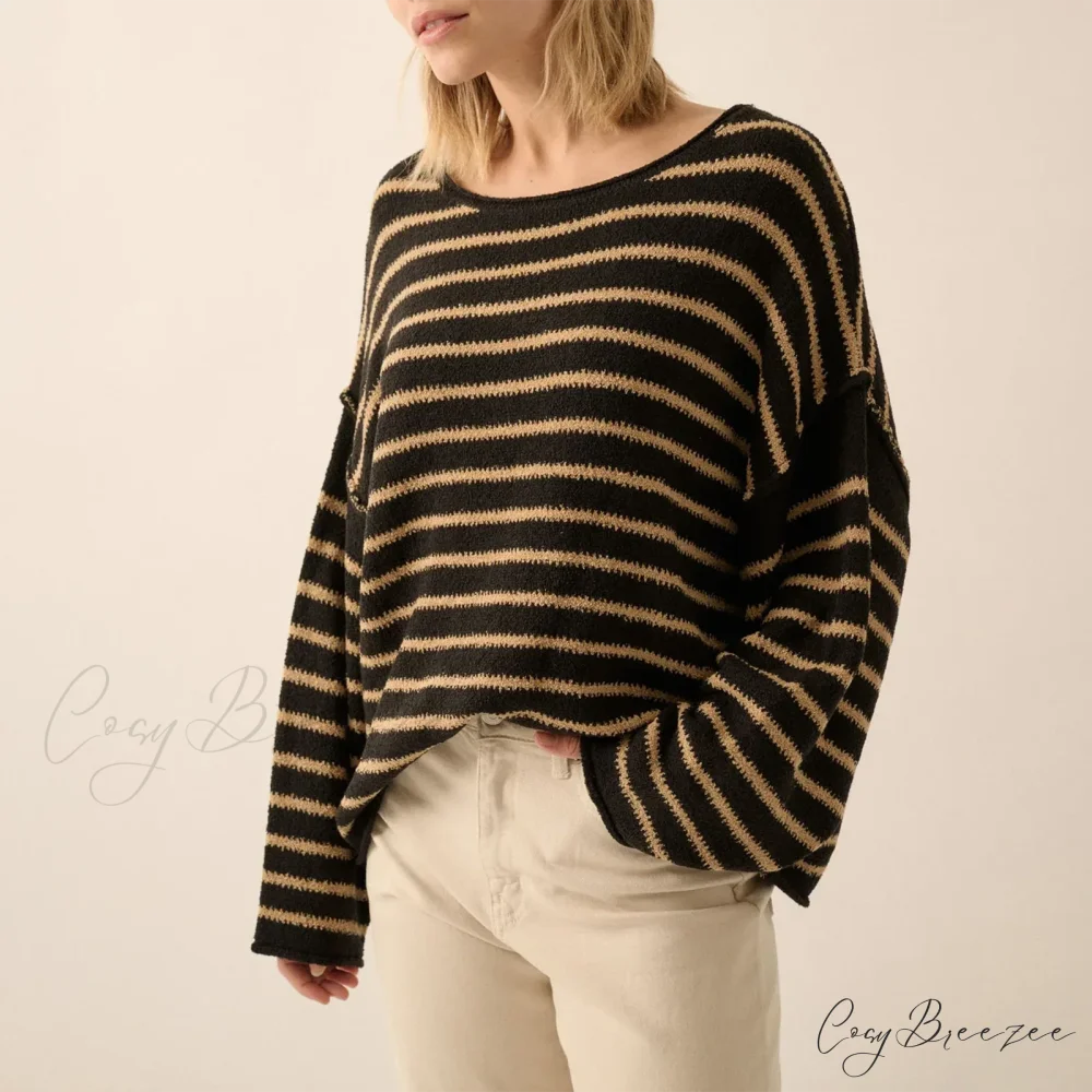 Oversized Striped V-Neck Color Block Knit Sweater Knit Top knittop-250126