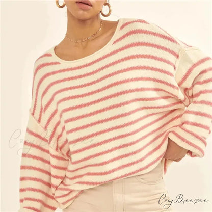 Oversized Striped V-Neck Color Block Knit Sweater Knit Top ORANGE2 / S knittop-250126
