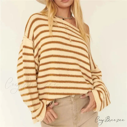 Oversized Striped V-Neck Color Block Knit Sweater Knit Top ORANGE3 / S knittop-250126