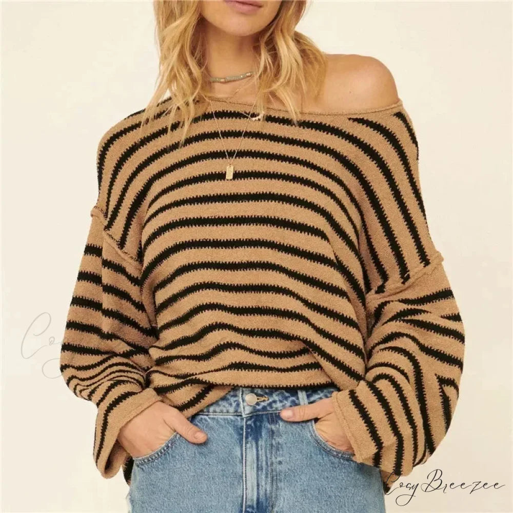 Oversized Striped V-Neck Color Block Knit Sweater Knit Top ORANGE4 / S knittop-250126