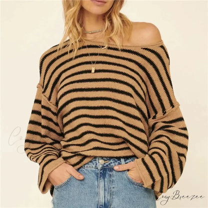 Oversized Striped V-Neck Color Block Knit Sweater Knit Top ORANGE4 / S knittop-250126