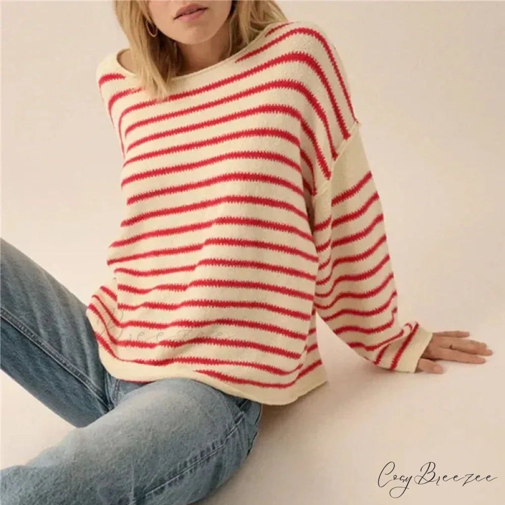 Oversized Striped V-Neck Color Block Knit Sweater Knit Top PINK / S knittop-250126