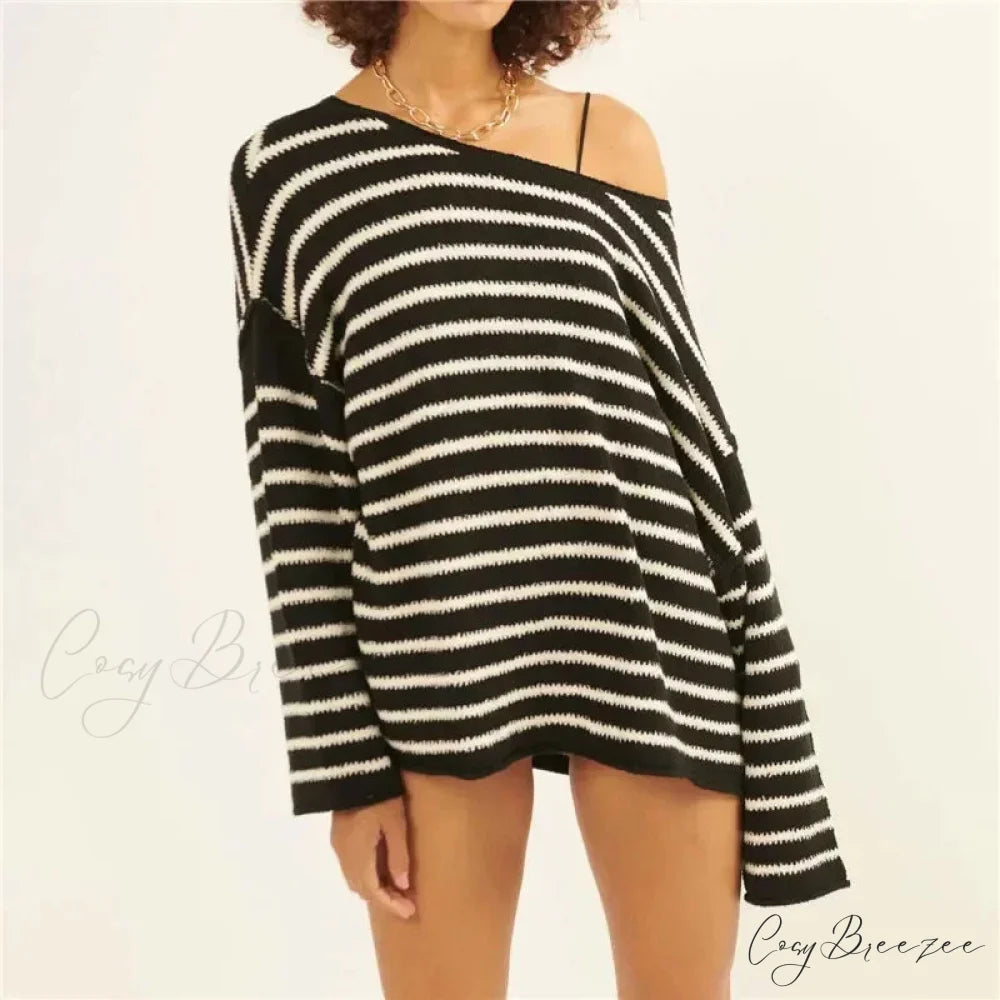 Oversized Striped V-Neck Color Block Knit Sweater Knit Top Zebra-stripe1 / S knittop-250126