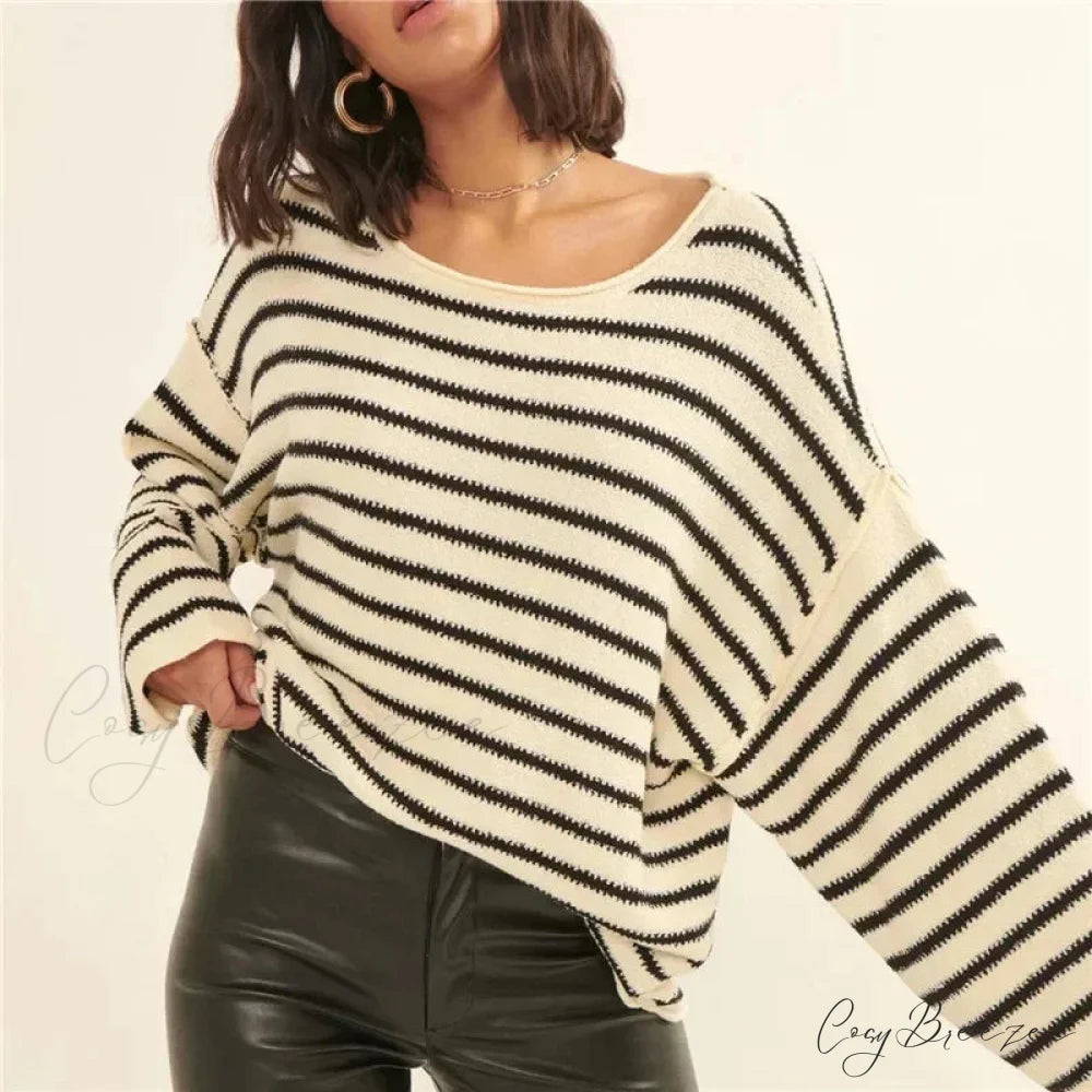 Oversized Striped V-Neck Color Block Knit Sweater Knit Top Zebra-stripe3 / S knittop-250126