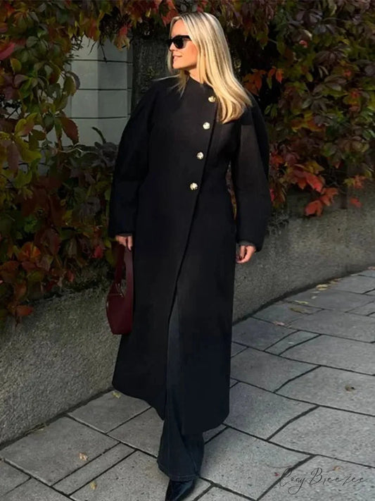 Oversized Woolen Lapel Single-Breasted Coat Black / S overcoats-241228