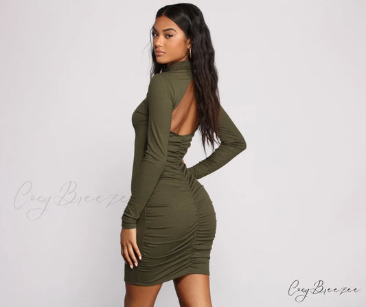 Own Knit Stylish Ruched Mini Dress OLIVE / XS