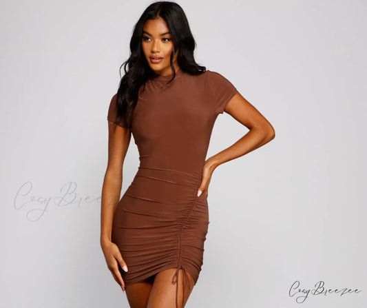 Own That Ruched Charming Tie Bodycon Dress BROWN / XS