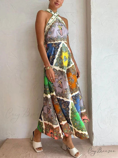 Paisley Satin Stylish Floral Midi Dress Multi-Color / S