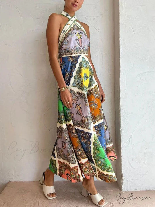 Paisley Satin Stylish Floral Midi Dress Multi-Color / S