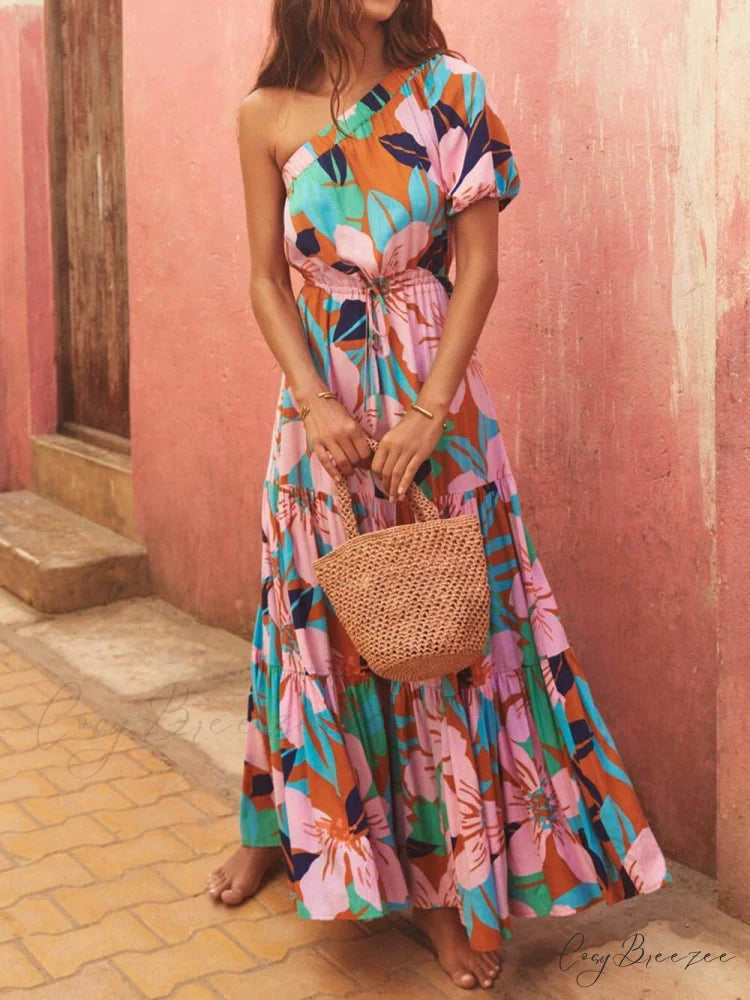 Palm Leaf Print Off-Shoulder Graceful Holiday Style Floral Dress