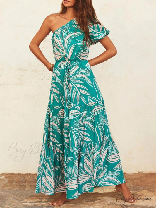 Palm Leaf Print Off-Shoulder Graceful Holiday Style Floral Dress Green / S