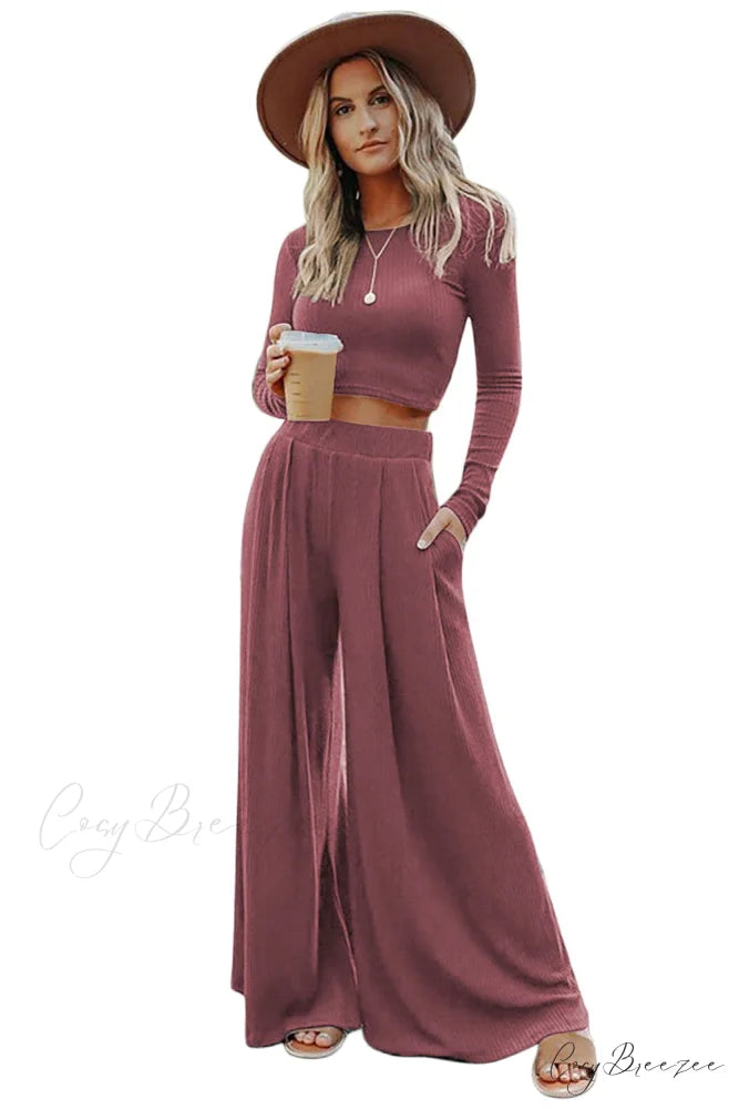 Pants Long in Solid Top and Ribbed Crop Set Color