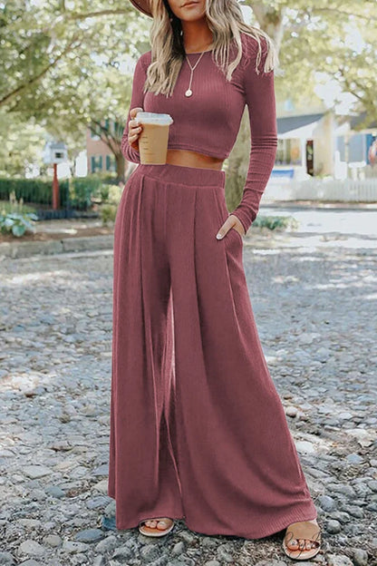 Pants Long in Solid Top and Ribbed Crop Set Color Pink / S / 65% Polyester + 25% Viscose + 10% Elastane