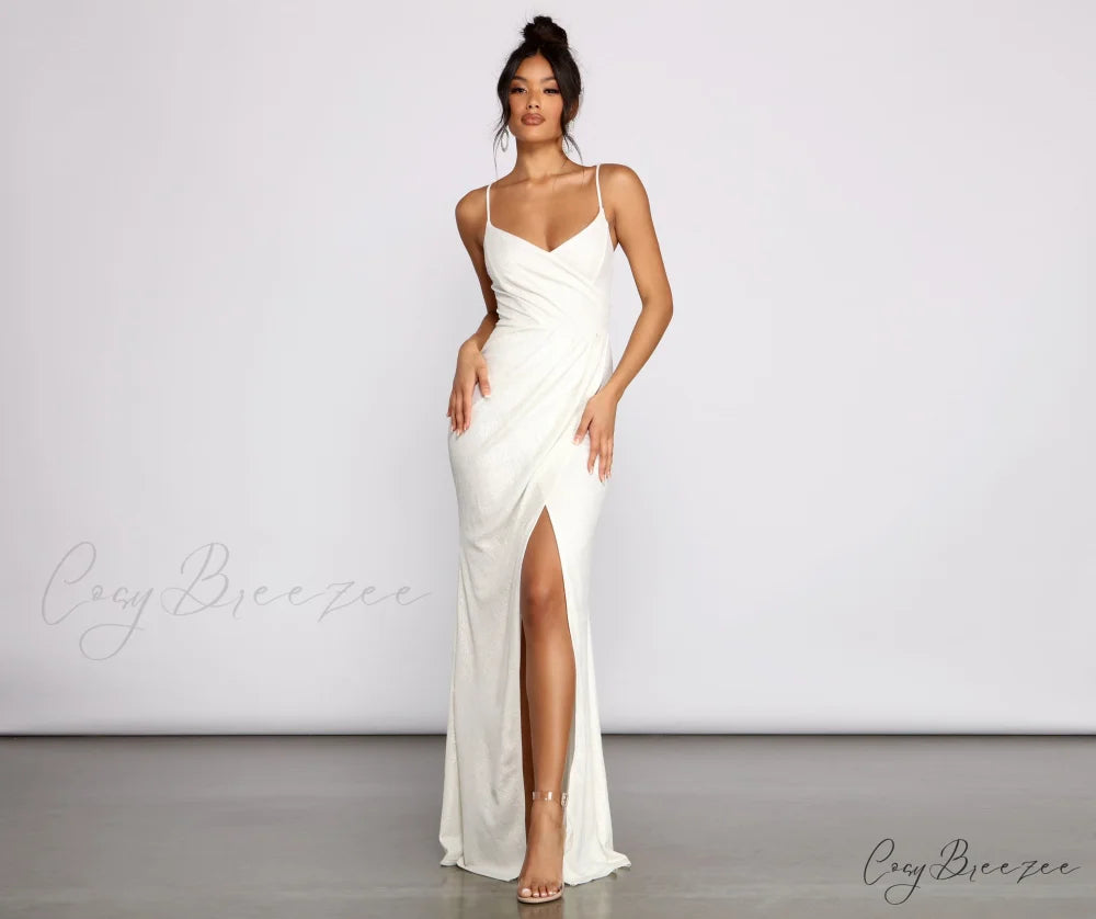 Parker Formal Stylish Metallic Wrap Dress IVORY / XS