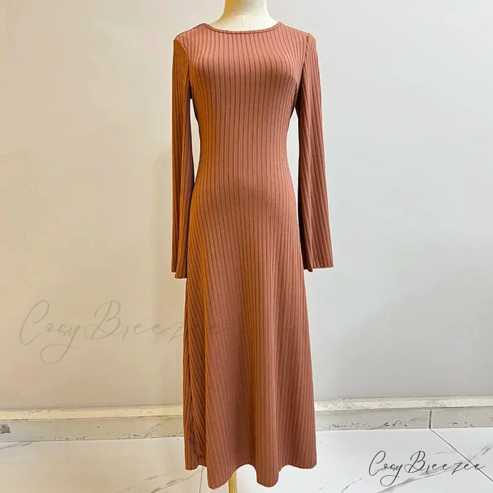 Patchwork Bandaged Round-necked Slim-fitted Long-sleeved Street-ready Ankle-length Maxi Dress BROWN / S