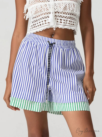 Patchwork Drawstring Wide-Leg Shorts short-250223