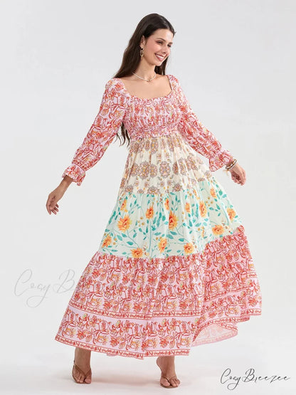 Patchwork Floral Bohemian Off-Shoulder Puff Sleeve Ruffled Beach Dress floraldress-250126