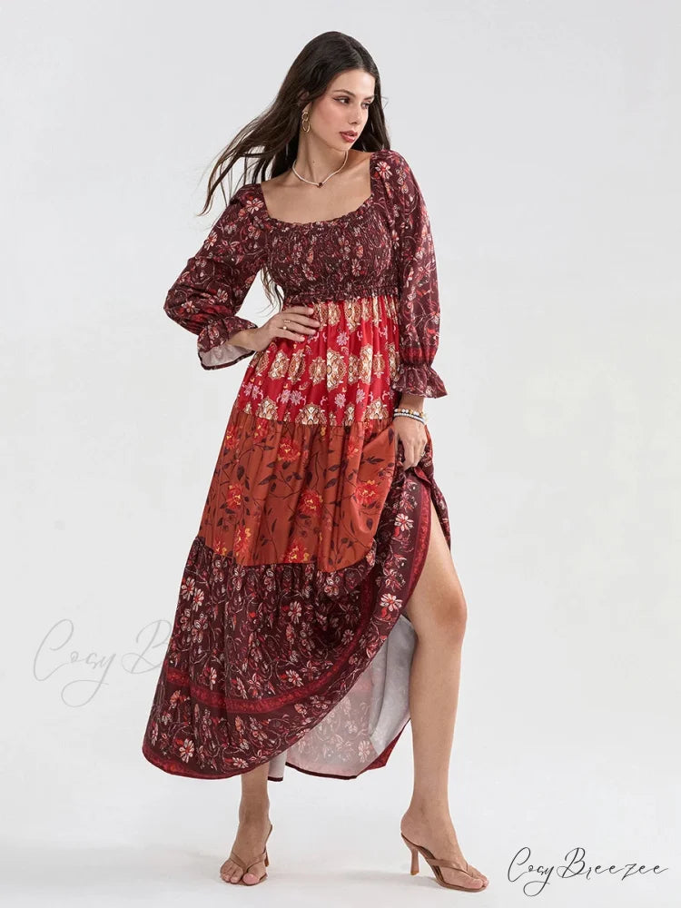 Patchwork Floral Bohemian Off-Shoulder Puff Sleeve Ruffled Beach Dress floraldress-250126