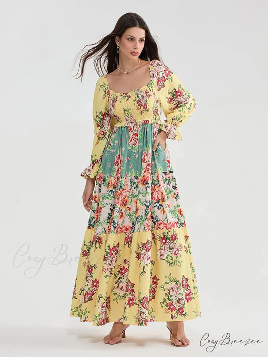 Patchwork Floral Bohemian Off-Shoulder Puff Sleeve Ruffled Beach Dress floraldress-250126
