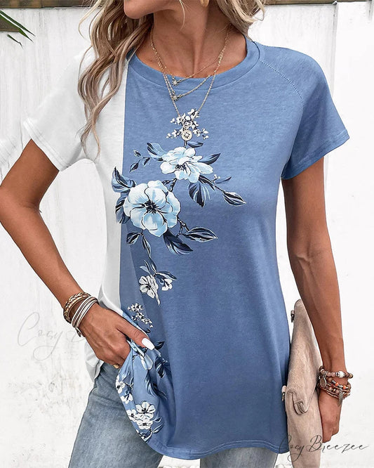 Patchwork Flowered Design T-Shirt Blue / S