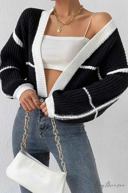 Patchwork Knit Long Sleeve Open-Front Cardigan Black / L