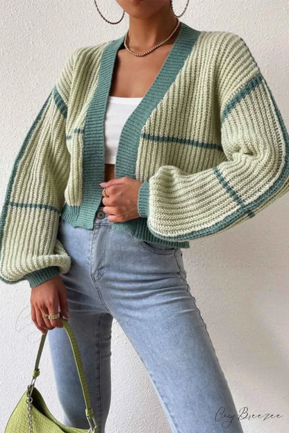Patchwork Knit Long Sleeve Open-Front Cardigan Green / L