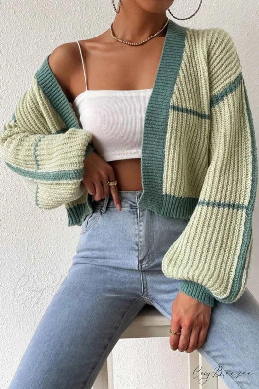 Patchwork Knit Long Sleeve Open-Front Cardigan Green / S