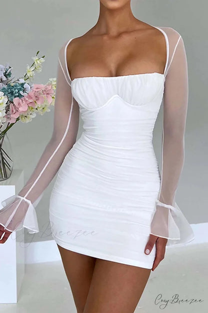 Patchwork Long Sleeve Mini Dress White / S