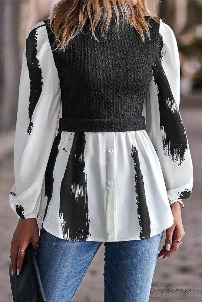 Patchwork Mock Neck Knit Shirt Tops Black / L