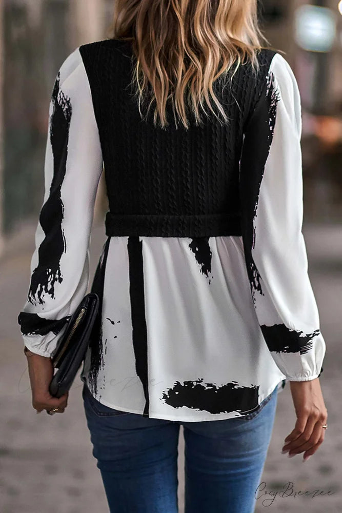 Patchwork Mock Neck Knit Shirt Tops Black / XL