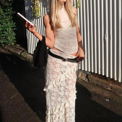 Patchwork Party Lace Ruffled See-Through Maxi Skirt WHITE / S