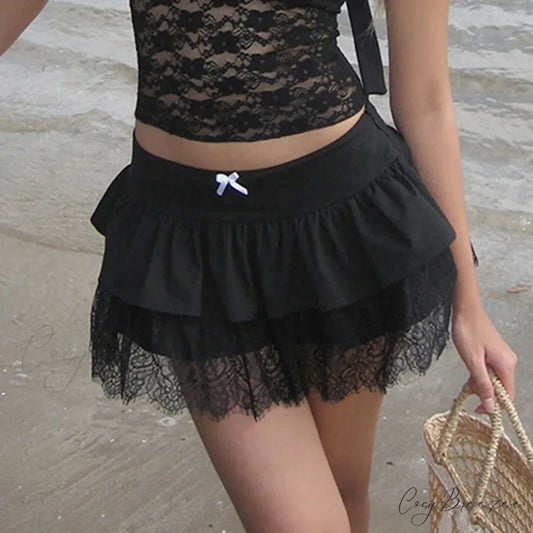Patchwork Preppy Black Skirt Black / S skirts-250223