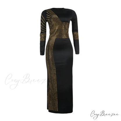 Patchwork Sequin Sheath Skinny High Side Slit O-Neck Long Sleeve Celebrity Bodycon Maxi Lady Vestidos Dress