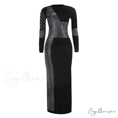 Patchwork Sequin Sheath Skinny High Side Slit O-Neck Long Sleeve Celebrity Bodycon Maxi Lady Vestidos Dress