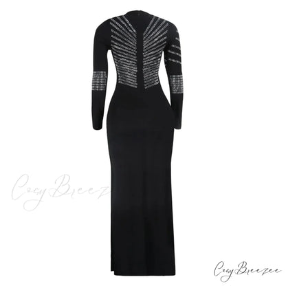 Patchwork Sequin Sheath Skinny High Side Slit O-Neck Long Sleeve Celebrity Bodycon Maxi Lady Vestidos Dress