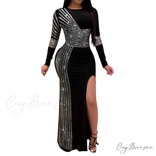 Patchwork Sequin Sheath Skinny High Side Slit O-Neck Long Sleeve Celebrity Bodycon Maxi Lady Vestidos Dress Black / M