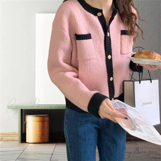 Patchwork Single Breasted Knit Long Sleeve Cardigan cardiagn-250126