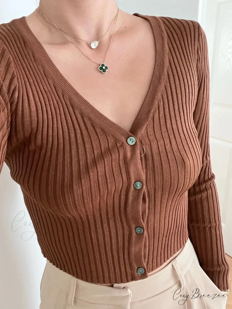 Patchwork Slim Ladies Button-Up Knitted Cardigan coffee1 / S cardiagn-250126