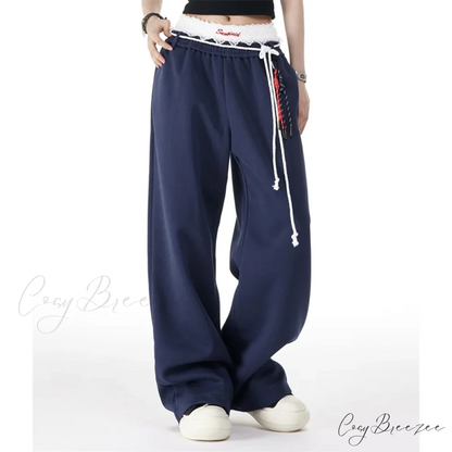 Patchwork Spacious Casual Flowing Straight Pant Navy blue / M pant-250223