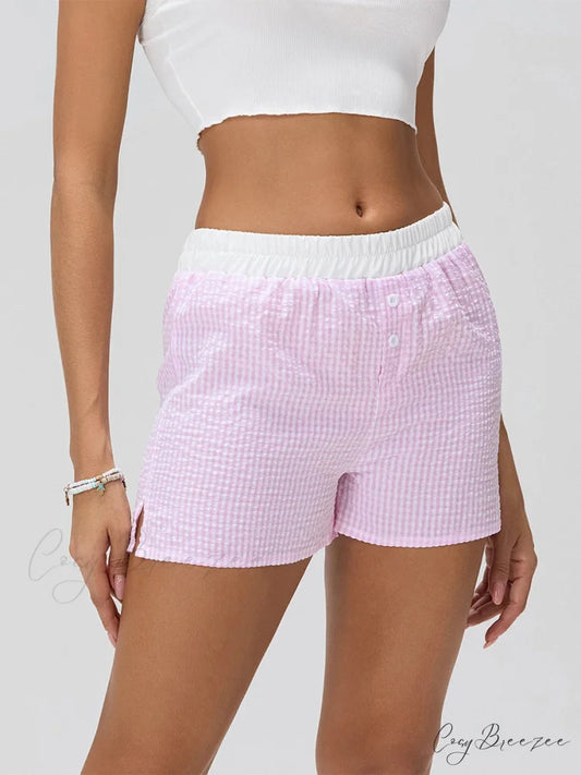 Patchwork Striped Elastic Waist Shorts short-250223