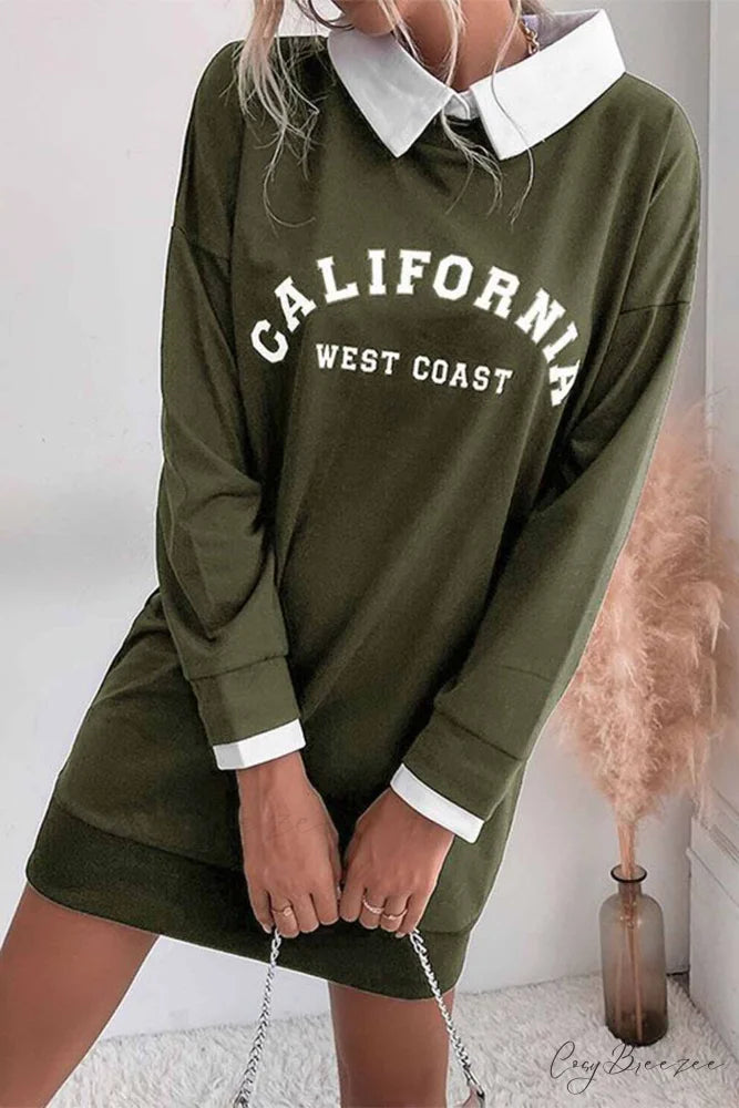 Patchwork Sweatshirt Dress with Lapel Army Green / L