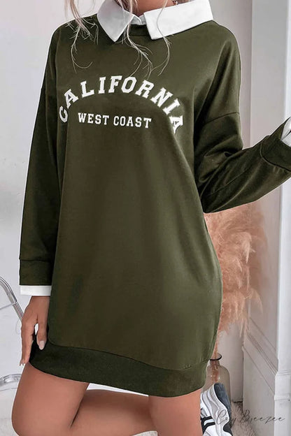 Patchwork Sweatshirt Dress with Lapel Army Green / M