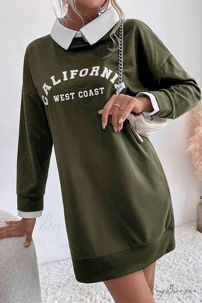Patchwork Sweatshirt Dress with Lapel Army Green / S