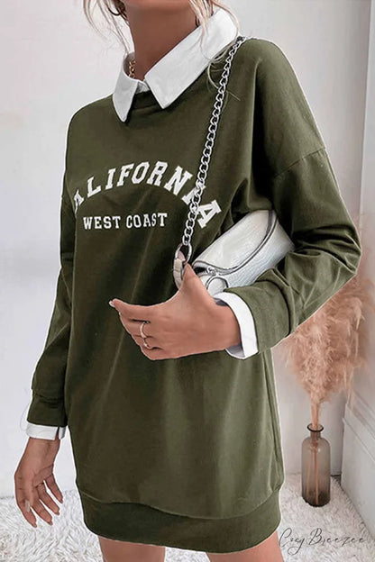 Patchwork Sweatshirt Dress with Lapel Army Green / XL