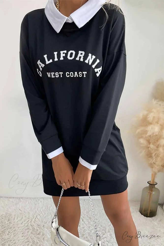 Patchwork Sweatshirt Dress with Lapel Black / L